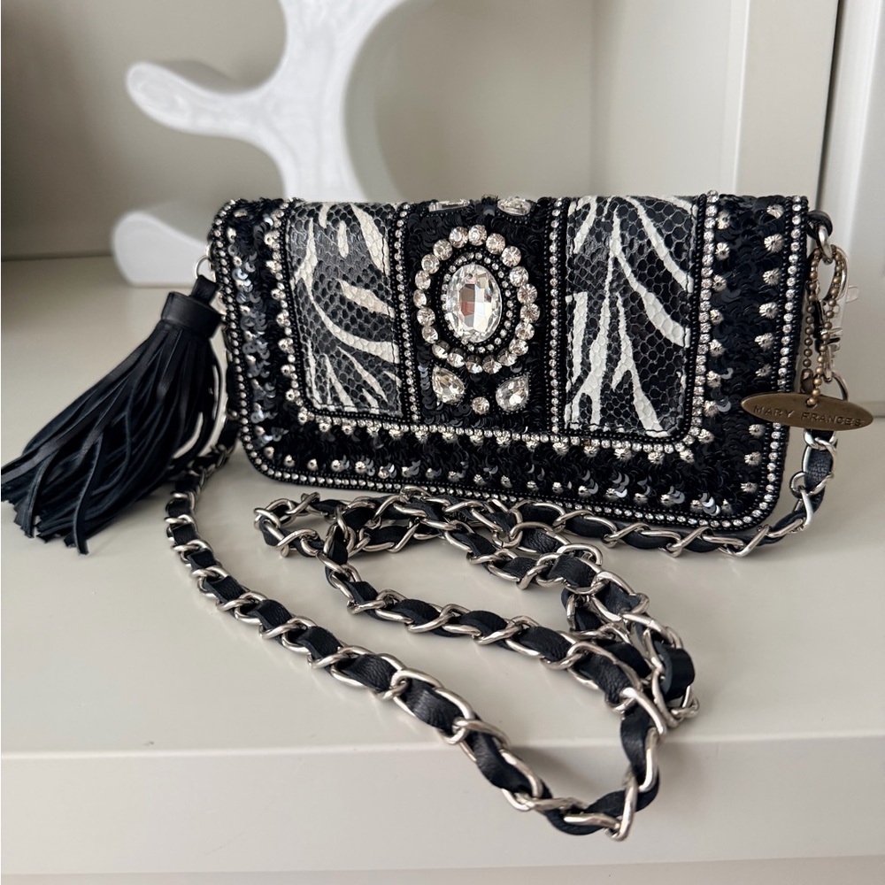 Vintage Y2K MARY FRANCES Zebra Print Sequin Crystal Embellished Clutch Purse Bag